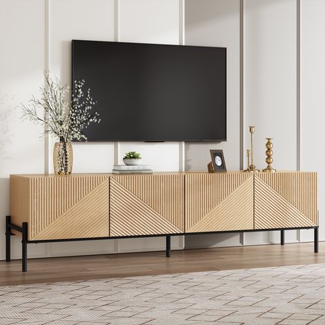Mueble de TV moderno, mueble bajo para TV, almacenamiento de 4 puertas, diseño geométrico, textura 3D, muebles modernos para sala de estar (1/5)