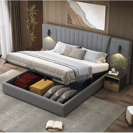 lit adulte double rangement 180x200 velours gris OKMYHOME (1/5)