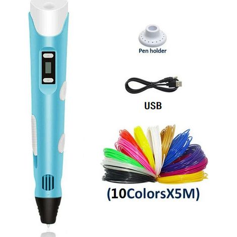Penna per stampa 3D per bambini, puzzle fai-da-te per disegnare in 3D, modello USB con distanza di utilizzo di 5 m x 10 colori (totale 50 m), blu