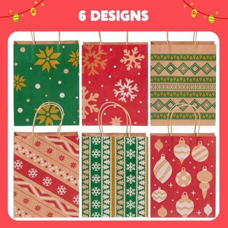 Lot de 24 sacs cadeaux de Noël en papier kraft avec poignées pour emballage de cadeaux de Noël, décorations géantes (rouge + vert, 22,9 x 18,5 x 8,4 cm)