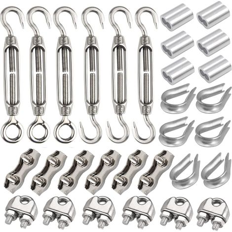 Lot de 30 tendeurs M3 - Avec tendeur en acier inoxydable M3, serre-câble métallique de 3 mm en acier inoxydable, cosse de 3 mm et pince de sertissage de 3 mm en aluminium pour câble tendu