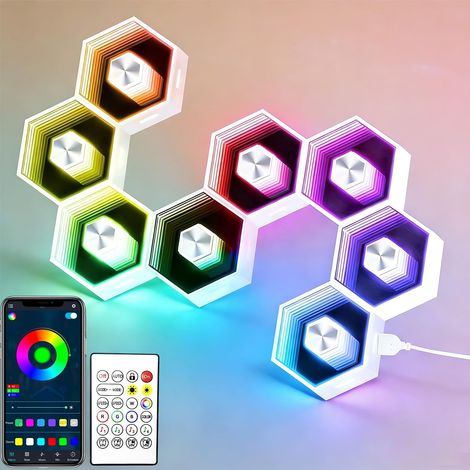 Lot de 8 appliques murales LED hexagonales RGB intelligentes avec application, télécommande, synchronisation musicale, forme nid d'abeille, décoration gaming pour chambre ou salon. (1/5)