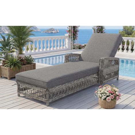 Rattan Sonnenliege 192 x 57 x 83 cm, wetterfeste PE Rattan Liege grau mit verstellbarer Rückenlehne, abnehmbarem Kissen für Terrasse Balkon Pool