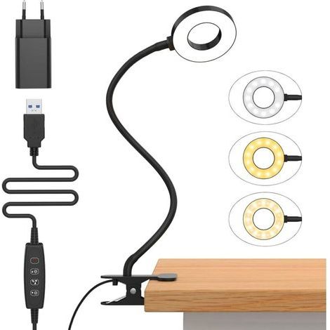 10W Clip-on Desk Lamp with USB Adapter [3 Lighting Modes & 10 Brightness Levels] 360° Flexible Clip-on Reading Lamp, 50CM LED Desk Lamp for Home/Office [Energy Class F] (1/5)