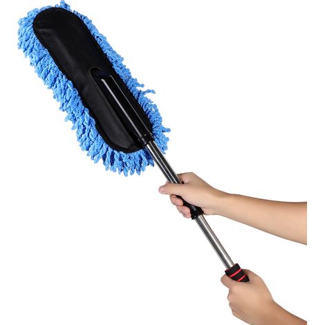 Chiffon de Nettoyage Auto Brosse Vitre, Manche Télescopique en Acier Inoxydable, Outil Anti-Poussière Bleu (1/4)