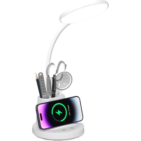 1 Lampe de bureau, chargeur sans fil 10W, 3 modes couleur, luminosité variable, bras flexible 360°, porte-stylo, éclairage LED (1/5)