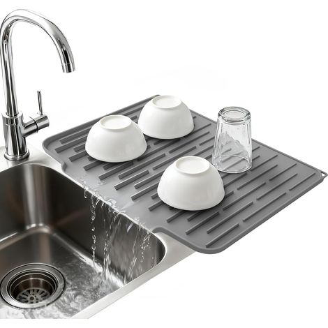 Tapete de secado de silicona para encimera de cocina, plegable y resistente al calor, con una inclinación de 5° y un desagüe amplio, tapete antideslizante para fregadero de 15 x 12 pulgadas (gris oscu (1/5)