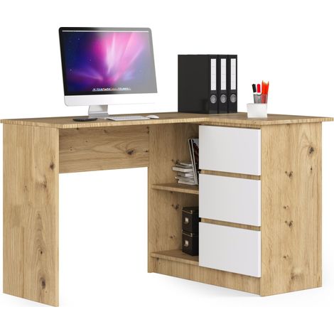 Bureau AKORD d'angle droit B16 Chêne Artisan 124 cm 3 tiroirs façade Blanche 2 étagères 124x85x77 cm
