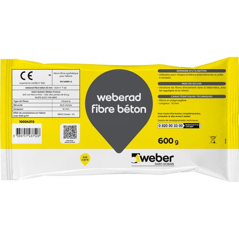 Weber Saint-Gobain Microfibre synthétique pour augmenter la capacité de déformation des mortiers 12mm, Weberad fibre béton