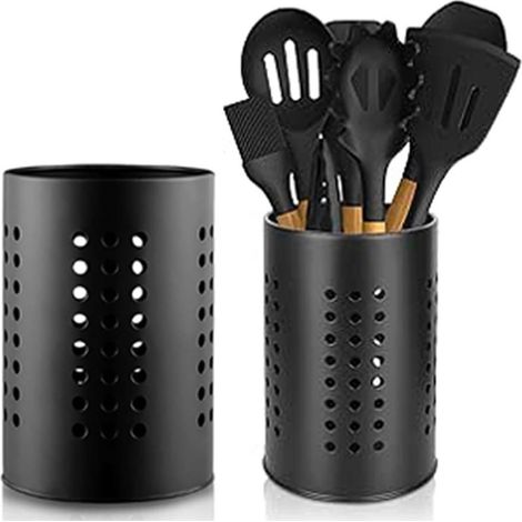 2 Pièces Porte-ustensiles de Cuisine, Porte-couverts en acier inoxydable noir, Panier à couverts pour organiser les ustensiles de cuisine Rangement pot ustensile (1/5)