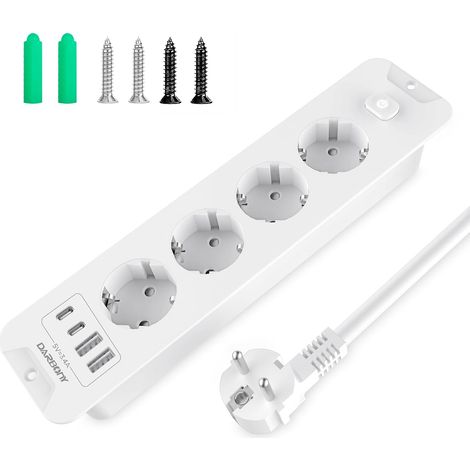 Prise encastrable avec 2 prises USB C, 4 prises, 4000 W, 16 A, pour plan de travail, plan de table, multiprise avec 4 prises USB, câble de 2 m, 1,5 mm, blanc (1/5)