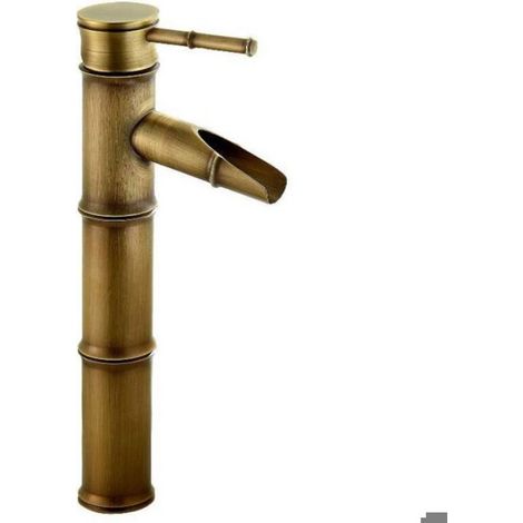Robinet Lavabo - Mitigeur Bambou - Hauteur Élevée - Poignée Unique - Trous Uniques - Finition Laiton Brossé - Raccord G3/8 - 1 Pièce (1/5)