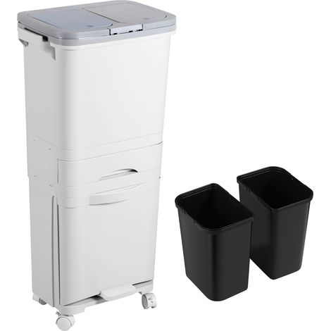 Randaco Küchenmülleimer 42 L aus PP, vertikales 3-Ebenen-Design, mit 3-fach Mülltrennung, Fußpedal, Aufbewahrungsschublade und arretierbaren Lenkrollen, Weiß (1/5)