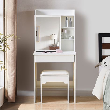 Dressing Table, Makeup TablewTable with Mirror and Stool,1 Drawer and 6 Storage Shelves (1/5)