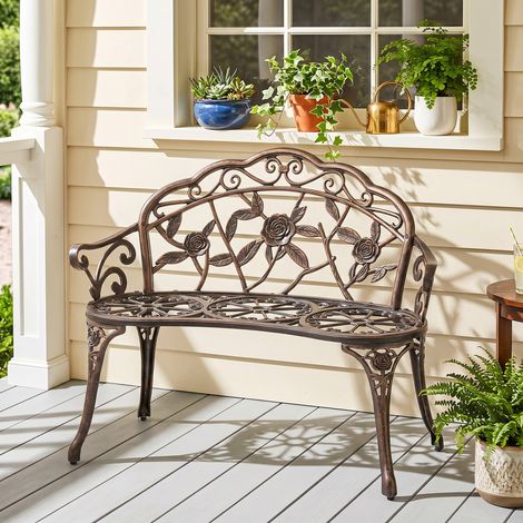 Banc de jardin 2 places en métal,  banc de jardin rétro,  banc de jardin à motif floral 100 x 54 x 78 cm,  bronze (1/5)
