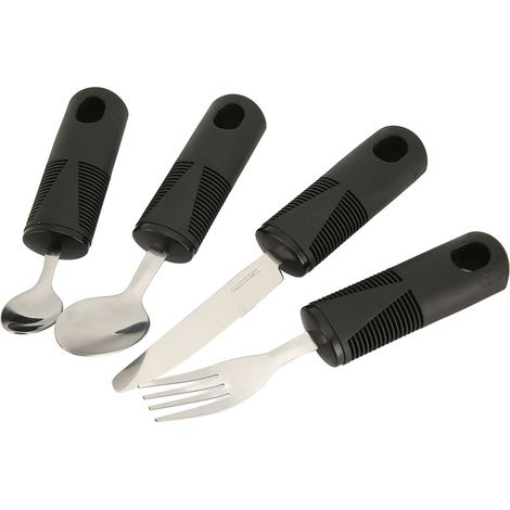 Ensemble de 4 couverts adaptés en acier inoxydable antidérapants et lestés, comprenant cuillères, fourchettes et couteau. (1/5)