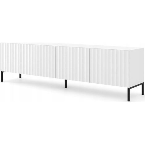 Meuble TV 200x56x42 cm blanc mat VAGUE meuble Hi-fi luxueux sur pieds noir avec 4 portes (1/2)