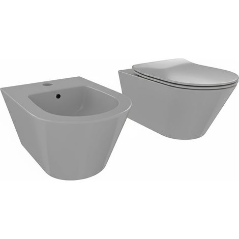 Coppia Sanitari Sospesi Vaso WC Rimless Con Tornado Flush E Bidet Sospeso Design Moderno Tondo In Ceramica Con Copriwater Chiusura Soft Close Rallentata (Grigio Opaco)