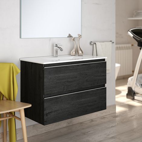 Meuble sous vasque seul, 2 tiroirs, 70cm, pour simple vasque - ebony (bois noir) - BALEA
