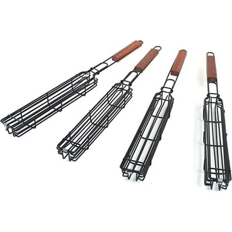 Lot de 4 paniers de barbecue avec grille verrouillable à long manche en bois - Antiadhésifs - En acier inoxydable - Pour barbecue,poissons,légumes,saucisses,oignons (1/5)