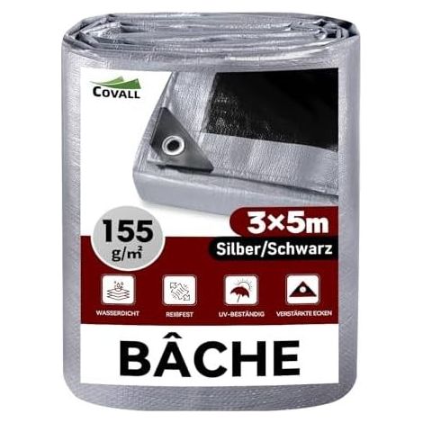 Wasserdichte Schutzplane für den Außenbereich, verstärktes Polyethylen mit UV-beständigen Ösen – Schwimmbad, Auto, Garten, Camping, Wald, 155 g/m² Silber/Schwarz, 3 x 5 m Silber/Schwarz (1/5)