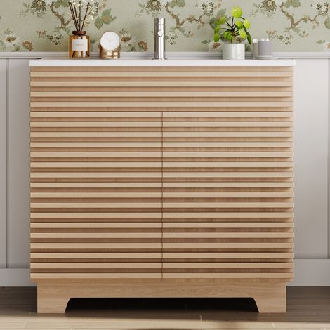 Mobile lavabo a piedi con 2 ante e mensole, lavabo integrato, naturale, 91x46x86.5 cm (1/5)