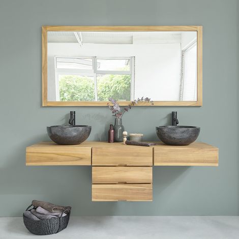 Berah Getah – Meuble sous vasque simple en teck brut de grade A 160 cm – 3 tiroirs – Anti humidité – Pour salle de bain moderne (1/4)