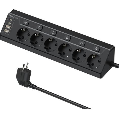 (Noir) Multiprise secteur 6 prises standard européenne avec prise d'angle, 2 ports USB et 2 ports Type-C, hub de charge rapide. (1/5)