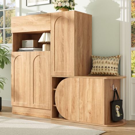 Meuble à chaussures moderne naturel effet bois avec banc intégré, 1 tiroir, 5 portes et étagère ouverte, grand rangement entrée couloir 130 × 35 × 110,5 cm (1/5)