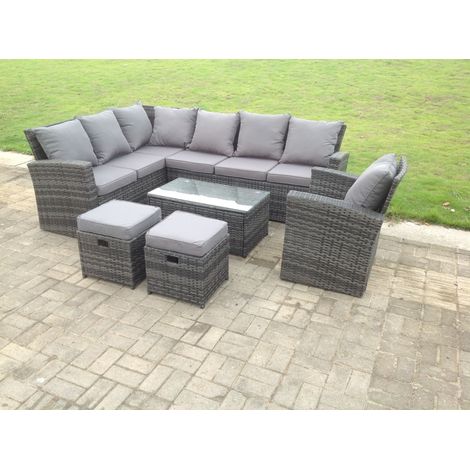 Fimous 9 Seater High Back Rattan Garden Furniture Set Corner Sofa With Oblong Coffee Table Footstool With Chair (1/3)