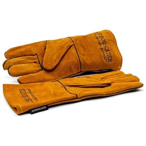 Paire de Gants camel de sécurité anti chaleur en cuir avec doublage intérieur pour poêle à bois, cheminée, barbecue, brasero et soudage. Résistant au feu, la soudure, le four, la cuisine Marron