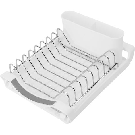 Égouttoir à vaisselle extensible inox avec bac de drainage et porte-couverts amovible pour plan de travail cuisine blanc (1/5)