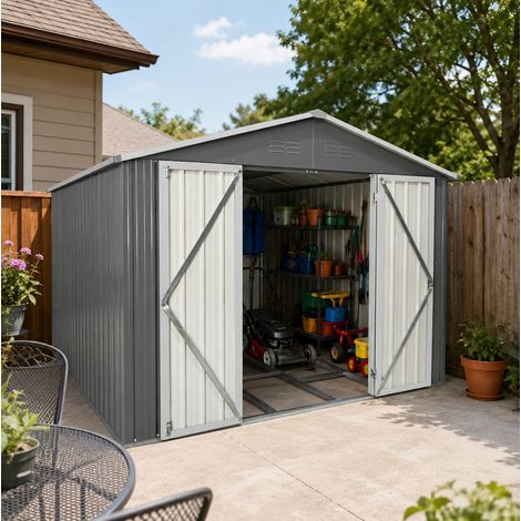 Abri de jardin en métal gris 300 x 248,6 x 191,5 cm, toit à deux pentes, portes doubles verrouillables, cadre de sol intégré, aérations – de FLORAGRACE (1/5)