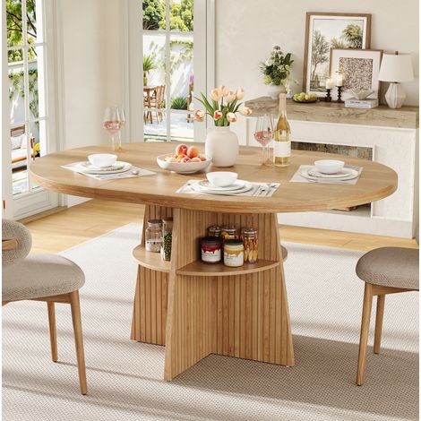 Tavolo da pranzo rotondo allungabile 110x110x77.5 cm, con ripiano integrato, MDF, colore naturale (1/5)