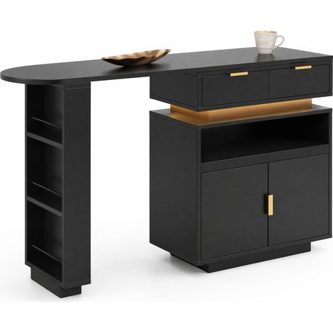 Table de Bar Extensible avec Rangement et LED, Plateau Pivotant, pour Cuisine, en MDF Noir, 115-183 x 40 x 99.5 cm (1/5)