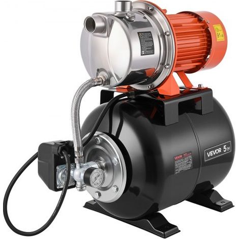 Bomba para Pozos Poco Profundos 1,6 HP, Bomba de Agua de Trasvase 6000 LPH, de Acero Inoxidable, con Tanque de Presión 19 L, Filtro, Sistema de Refuerzo de Agua Automático, para Jardín, Césped (1/5)