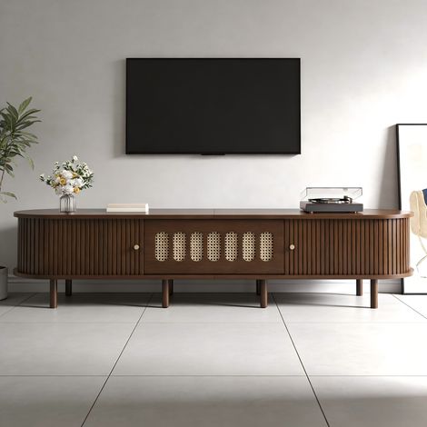 Meuble TV MDF 180x40x40 cm noyer rotin 1 abattant pour TV 80 pouces (1/5)