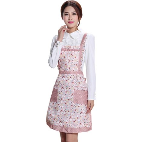 Tablier de cuisine rose et jaune à motifs floraux style princesse -Avec deux poches (1/5)