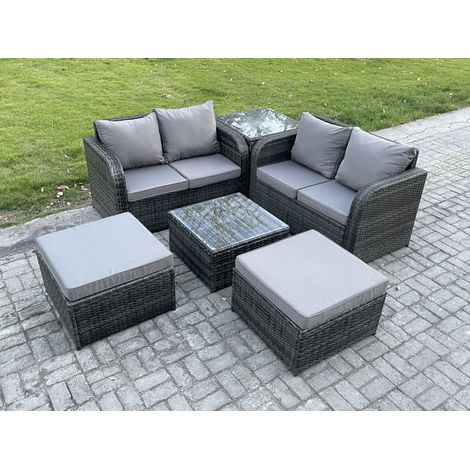 Fimous 6 Seater High Back Rattan Garden Furniture Set with Square Coffee Table 2 Big Footstool Love Sofa Indoor Outdoor Patio Lounge Sofa Set Dark Grey Mixed (1/5)