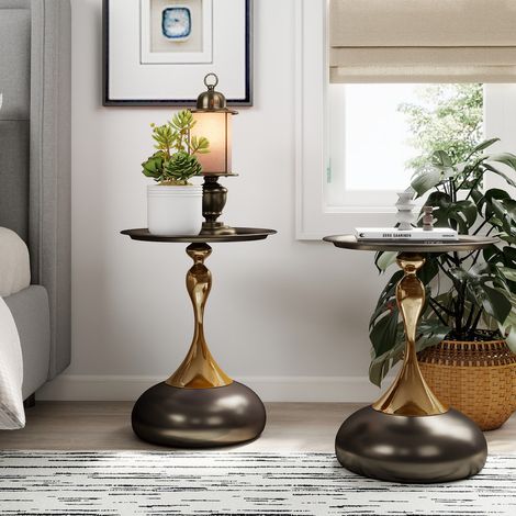 Runder moderner Couchtisch Set mit 2 für Wohnzimmer, Schlafzimmer – kleiner Balkon, Schwarz und Goldfarben