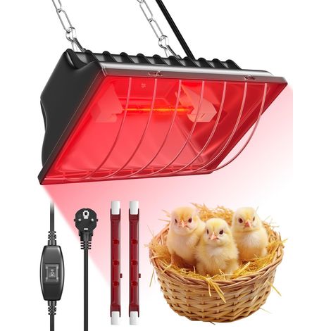Lampe Chauffante Poussin avec Interrupteur Haut/Bas (Max. 275W),Comprenant 2 Lampes R7s,une Chaîne de Suspension Réglable et un Câble de 3m pour Poussins,Canetons,Chiots et Animaux de Ferme (1/5)