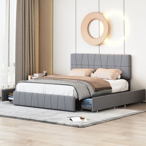 Letto per adulti 160x200 con rete a doghe - letto 160x200 con 4 cassetti - struttura letto matrimoniale 160x200 - velluto - grigio (1/5)