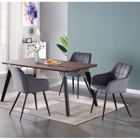 Cosmo LUX Camden Dining Set - a Walnut Wooden Dining Table and Set of 4 Dark Grey Velvet Dining Chairs - Dining Room Kitchen (1/5)