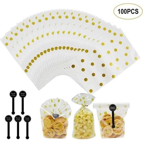 Bardusch-Lot de 100 Sachet pour Biscuit Sachets Biscuits Sachets Bonbons Sac Sachet Pochette de Biscuit avec Stickers,Sacs en Plastique (1/3)