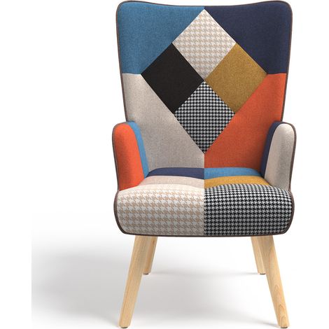 Poltrona scandinava IVAR in tessuto patchwork multicolore e stampa pied-de-poule (1/5)