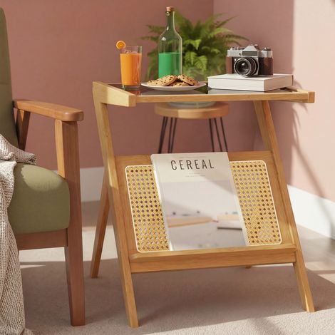 Table d'appoint en rotin – Table de chevet avec plateau en verre – Petit meuble de rangement – Style rustique – Pour chambre et salon - 50×36×56 cm - Naturel (1/5)