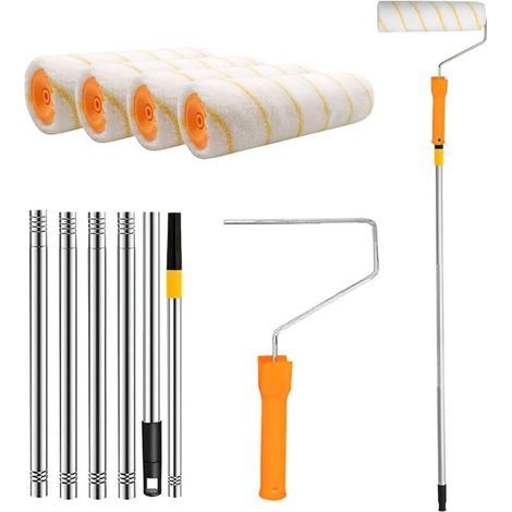 Paint Roller Brush Kit, Paint Roller with Telescopic Handle 30-180cm, 4 Replacement Rollers, Wall Brush for Walls and Ceilings