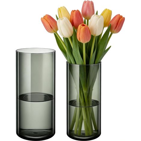 Lot de 2 Vases en Acrylique Transparent Gris - Vases Cylindriques Modernes Incassables pour Fleurs, Décoration Mariage, Table - Cadeau Femme/Mariage - 10x20 cm et 12x25 cm (1/5)