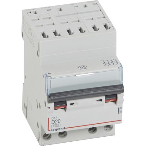Disjoncteur DX³6000 10kA arrivée haute auto départ bas vis 4 Pôles 400V 20A courbe D pour peigne HX³ optimisé LEGRAND 408134 (1/3)