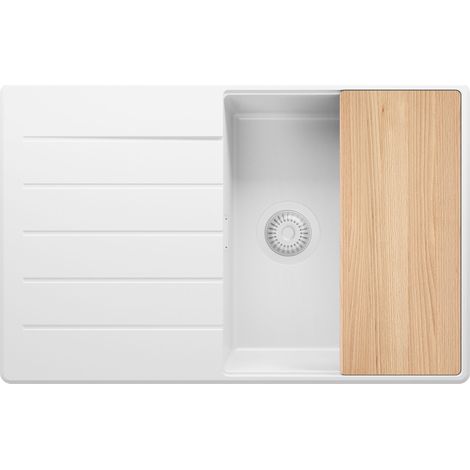 PRIMAGRAN Evier Cuisine en Granit 78x50cm, Lavabo 1 bac + Kit de Vidage + Planche à Découper, Évier à Encastrer au meuble 50cm - Copenhague, Tout Blanc